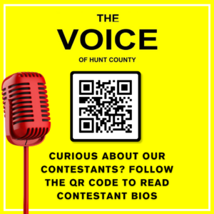 Graphic that has a QR code to take people to the bios of The Voice of Hunt County contestants.